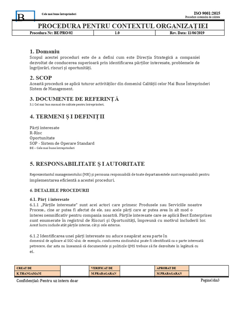 02 Procedura Pentru Contextul Organizației | PDF