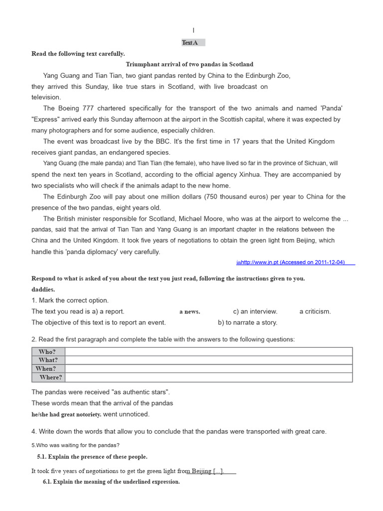 Portuguese Test News and Expository Text | PDF | Giant Panda