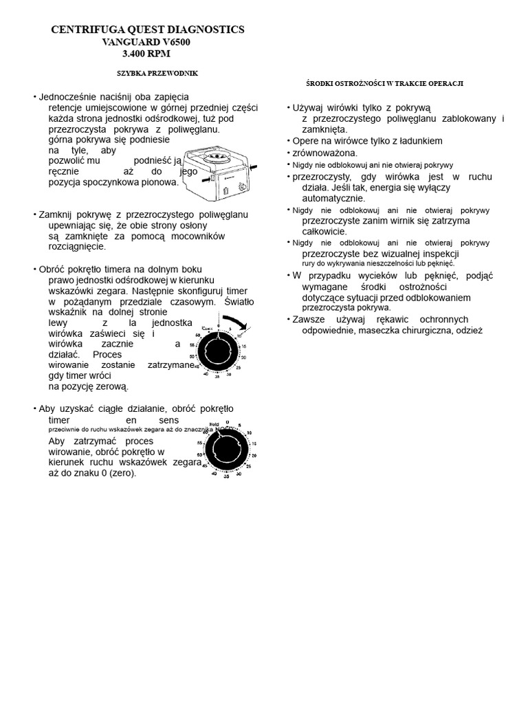 Szybka Instrukcja - Centrifuga Vanguard V6500 | PDF