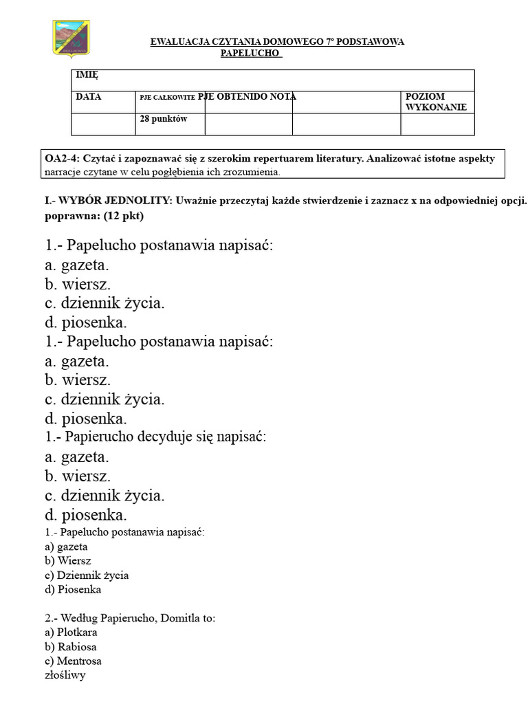 Test 7 Klasy Podstawowej Papelucho | PDF
