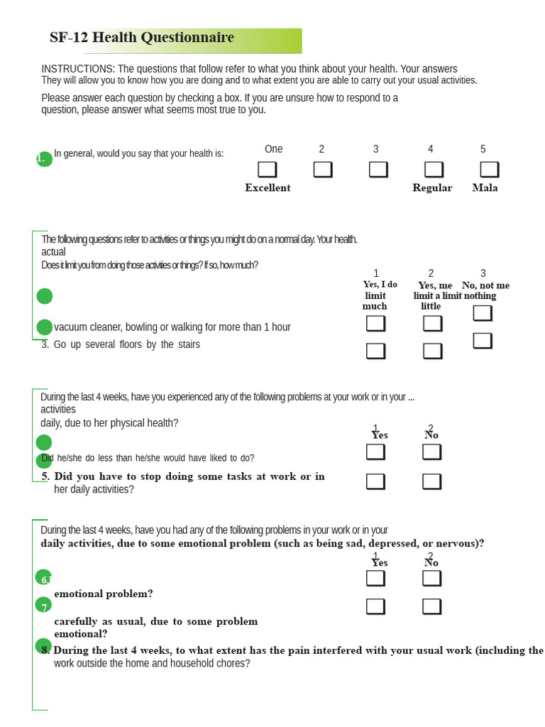 SF-12 Health Questionnaire Overview | PDF