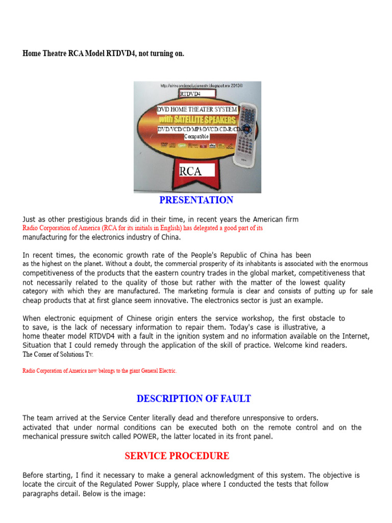 Home Theatre RCA Model RTDVD4, Not Turning On | PDF | Power Supply ...