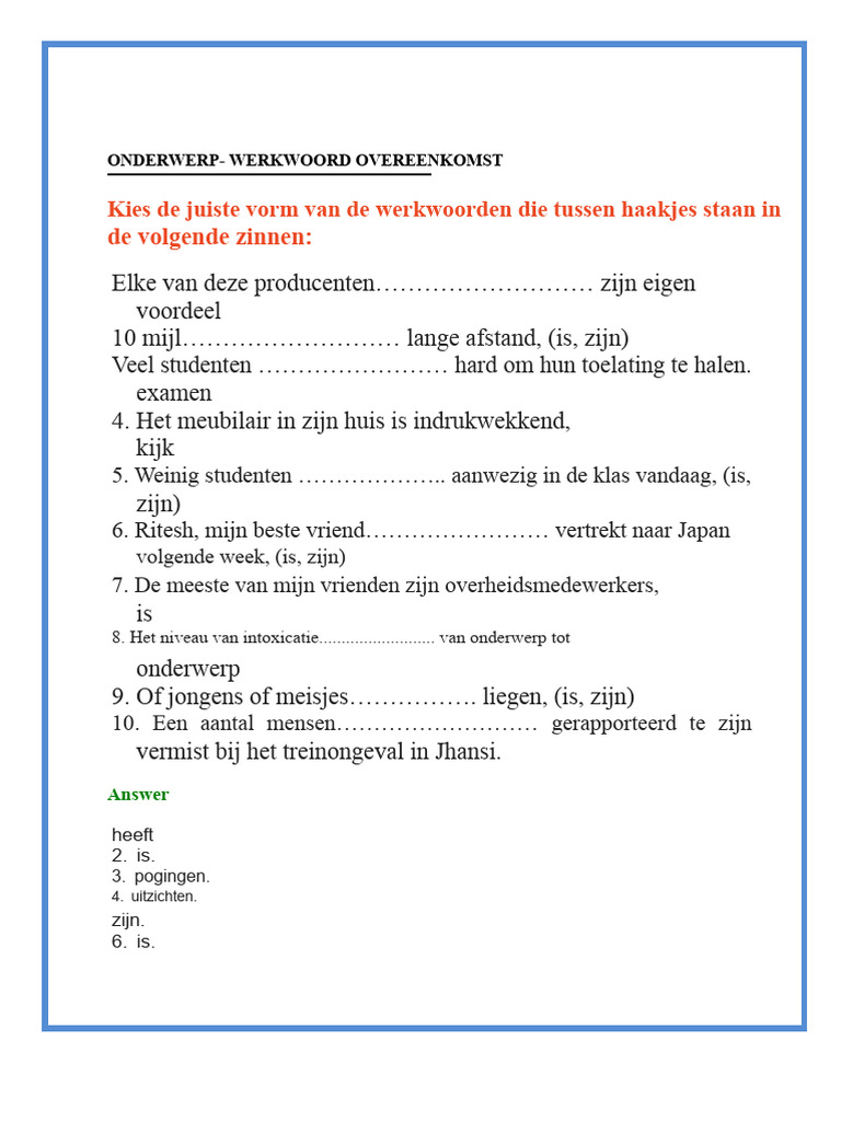 Oefening Onderwerp Werkwoord Overeenstemming - Antwoorden | PDF