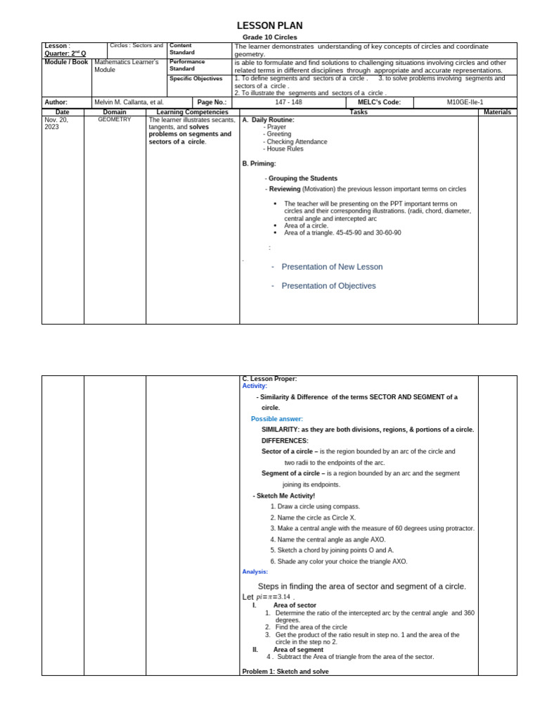 LESSON PLAN. Demo G10 Circles | PDF | Circle | Area