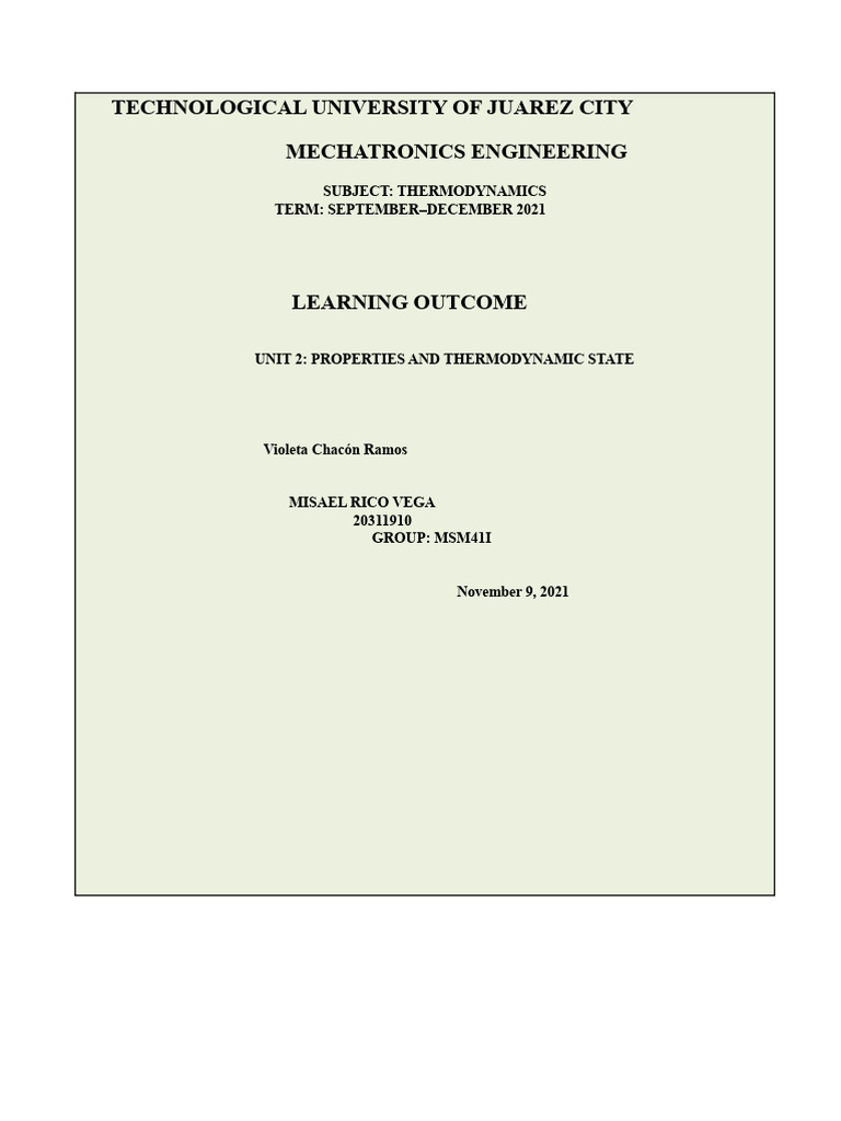 Learning Outcome Thermodynamics U2 Misael Rico | PDF