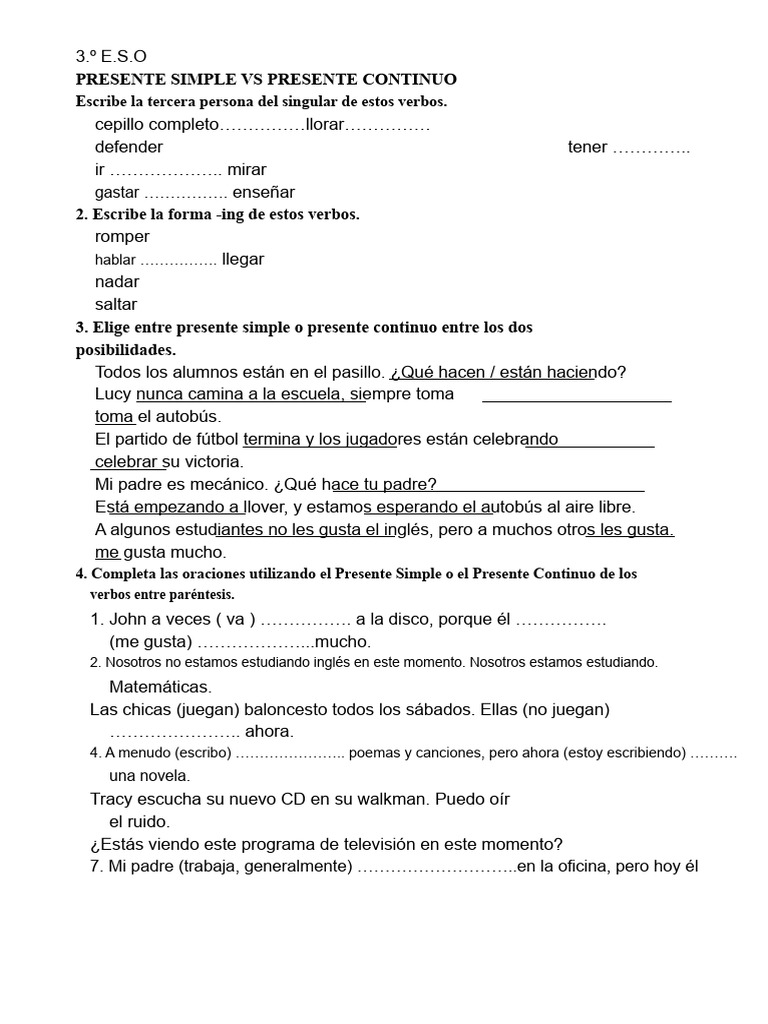 Presente Simple y Continuo en Inglés | PDF