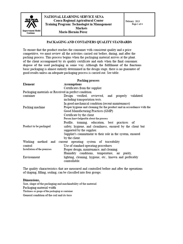 Packaging Quality Standards Guide | PDF | Verification And Validation ...