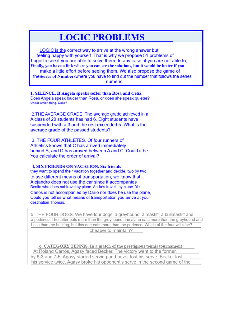 51 Challenging Logic Problems to Solve | PDF | Drink | Logic