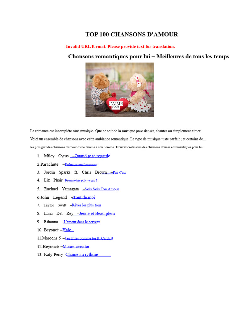 Top 100 Chansons d'Amour Romantiques | PDF | Musique country | Mariage