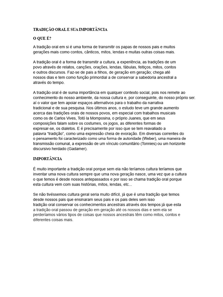 Importância da Tradição Oral na Cultura | PDF | Tradição oral | Tradições