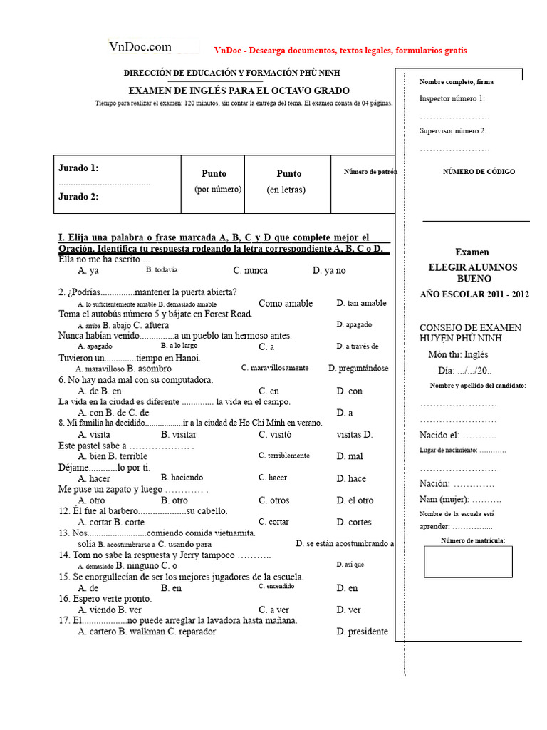 Exam For 8TH Grade English Talent in Phu Ninh District | PDF