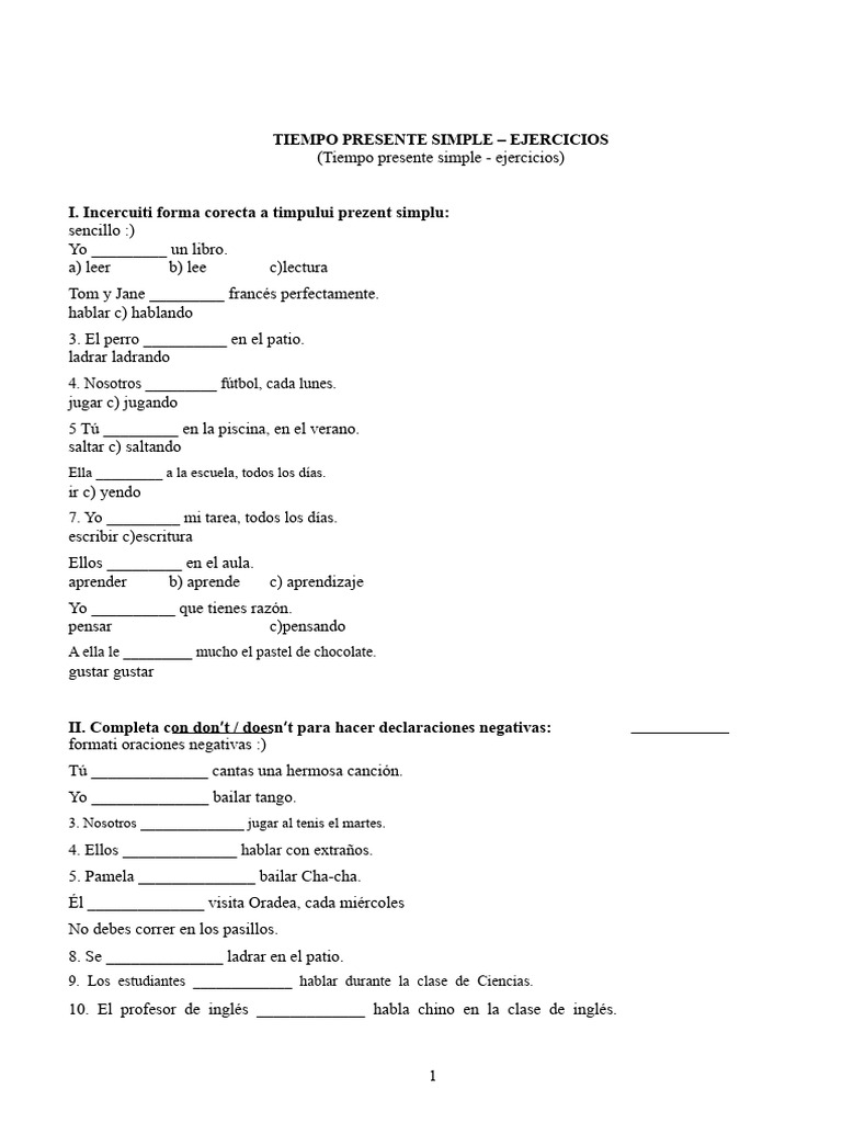 Ejercicios de Presente Simple en Inglés | PDF