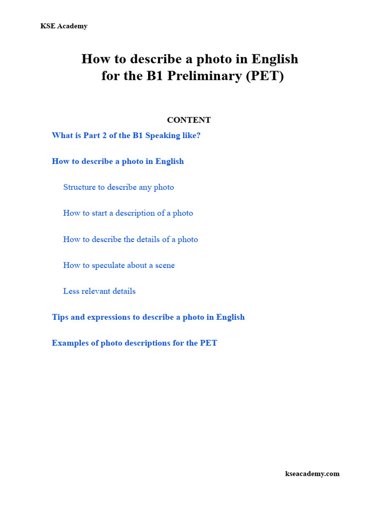 Describe Photos for B1 PET Exam | PDF | Verb | Linguistics