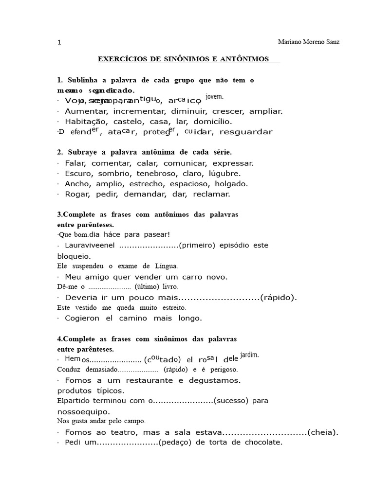 EXERCÍCIOS DE SINÔNIMOS E ANTÔNIMOS - Mariano Moreno Sanz | PDF