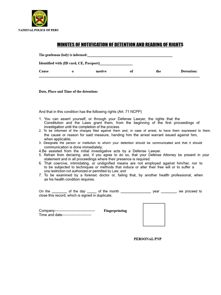 Minutes of Notification of Detention and Reading of Rights | PDF