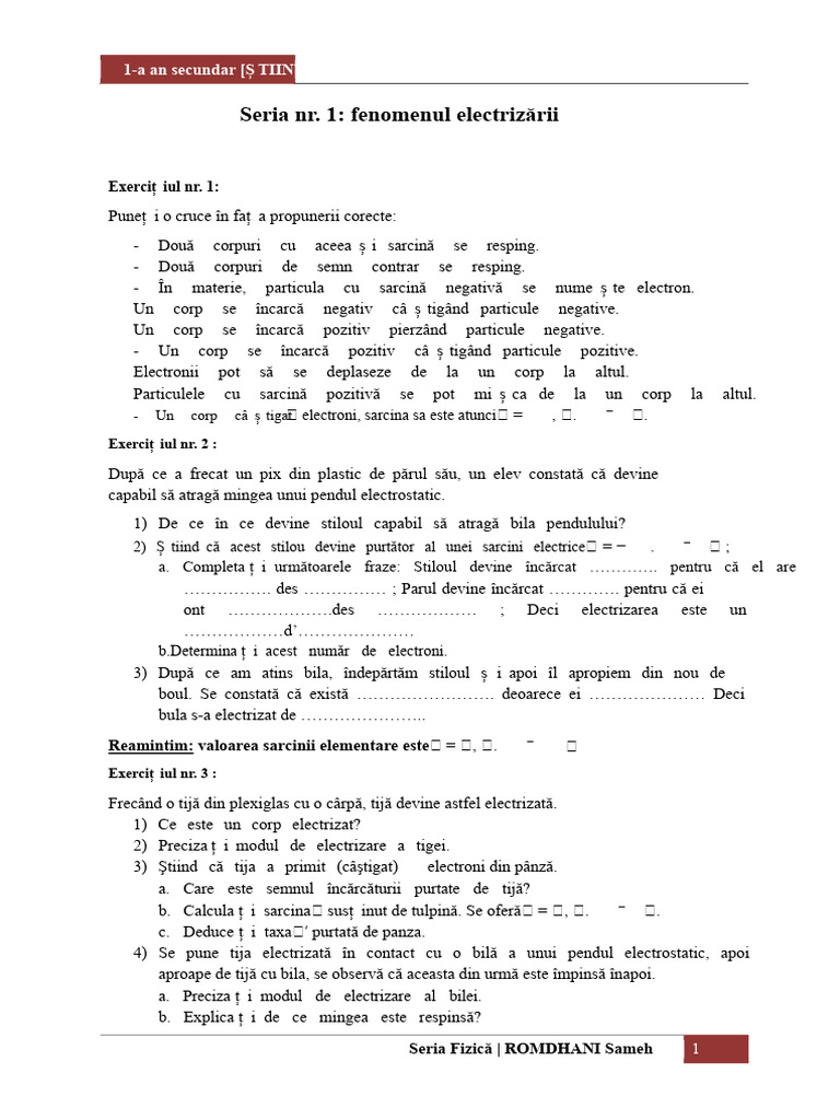 Seria 1 Fizică Fenomenul de Electrizare | PDF