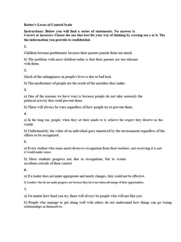 Rotter's Locus of Control Scale Test | PDF | Psychological Concepts ...