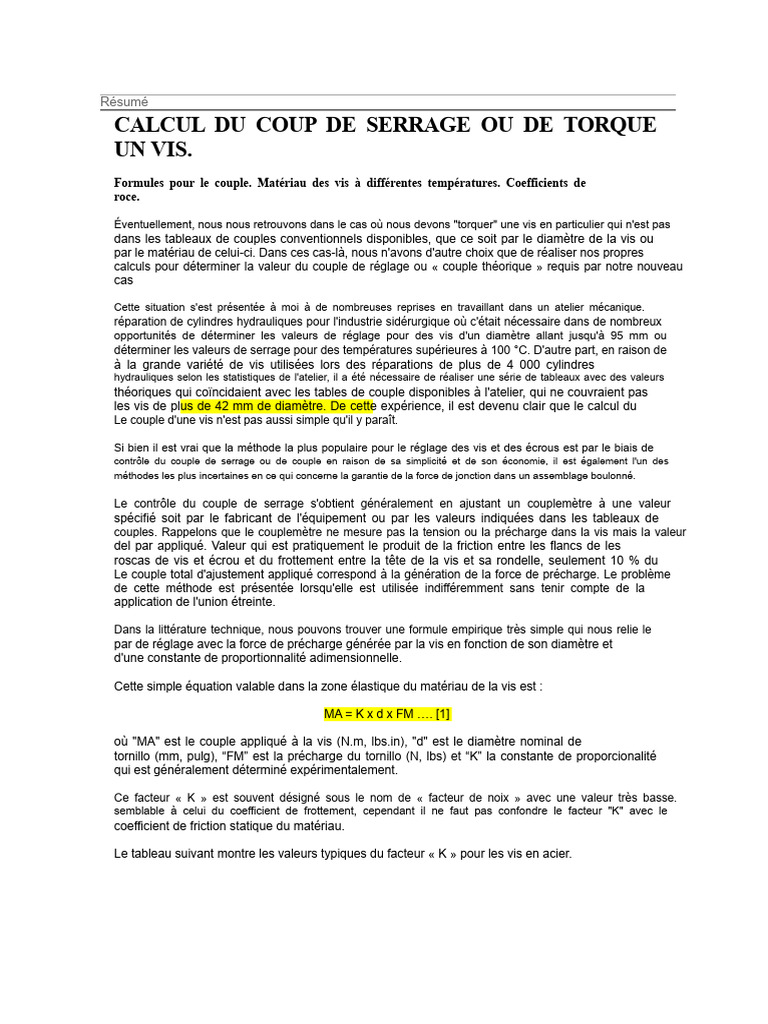 Calcul du couple de serrage des vis PDF Vis de fixation Physique — free download