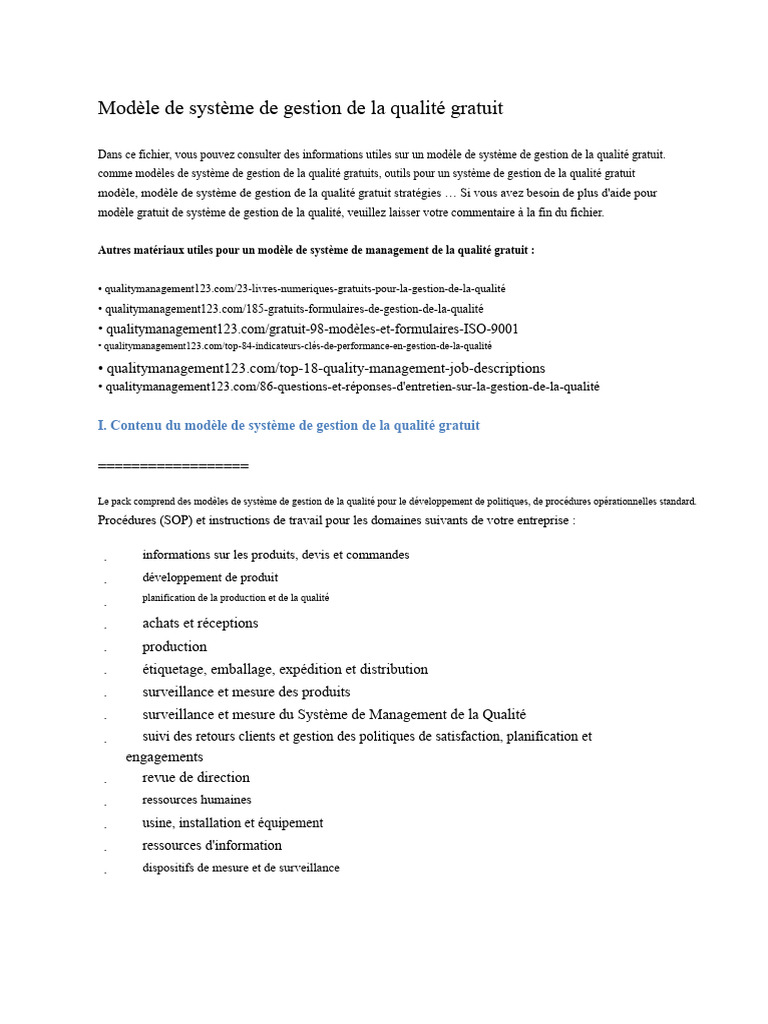 Modèle gratuit de gestion de la qualité | PDF | Management de la ...