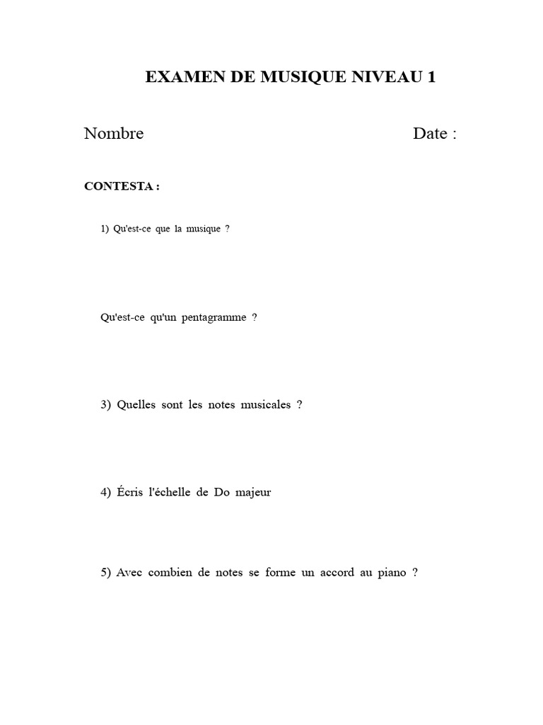 Examen de musique niveau 1 : questions clés | PDF