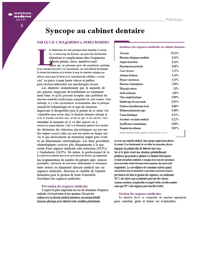 Urgences médicales en dentisterie : syncope | PDF | Dentiste ...