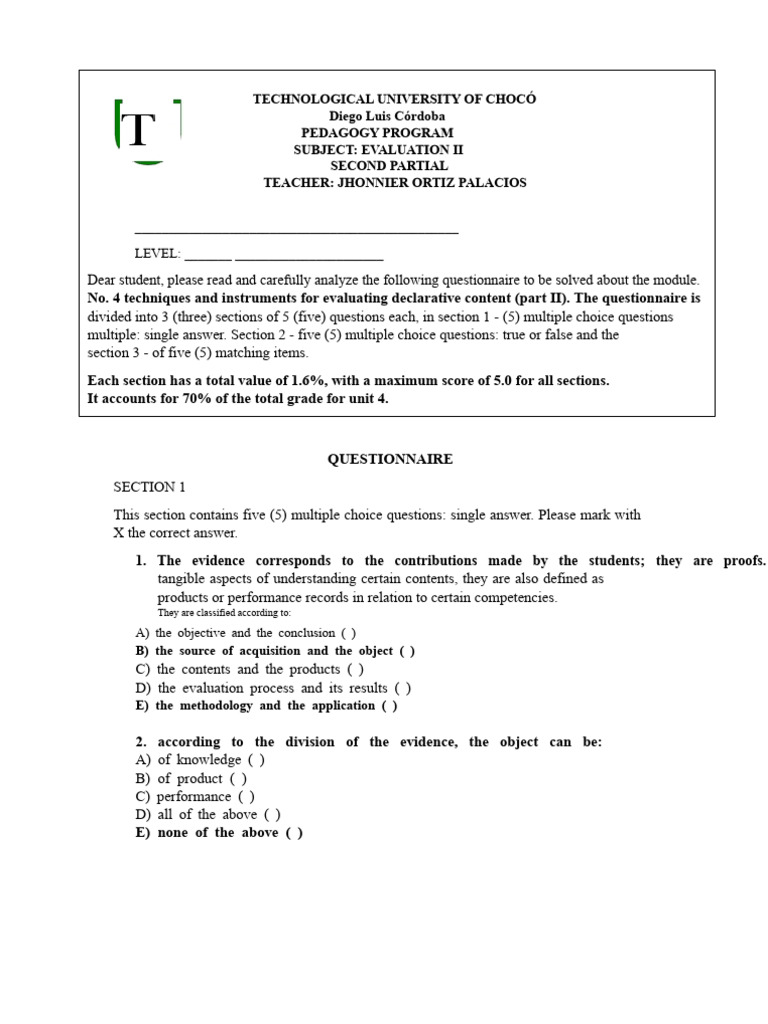 Evaluation Techniques Questionnaire | PDF | Evaluation | Multiple Choice