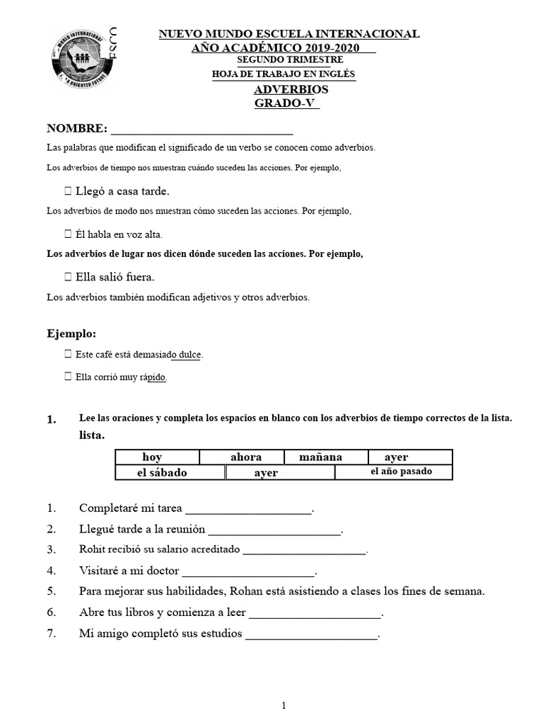 Hoja de Trabajo de Inglés de 5to Grado - Adverbios | PDF | Adverbio
