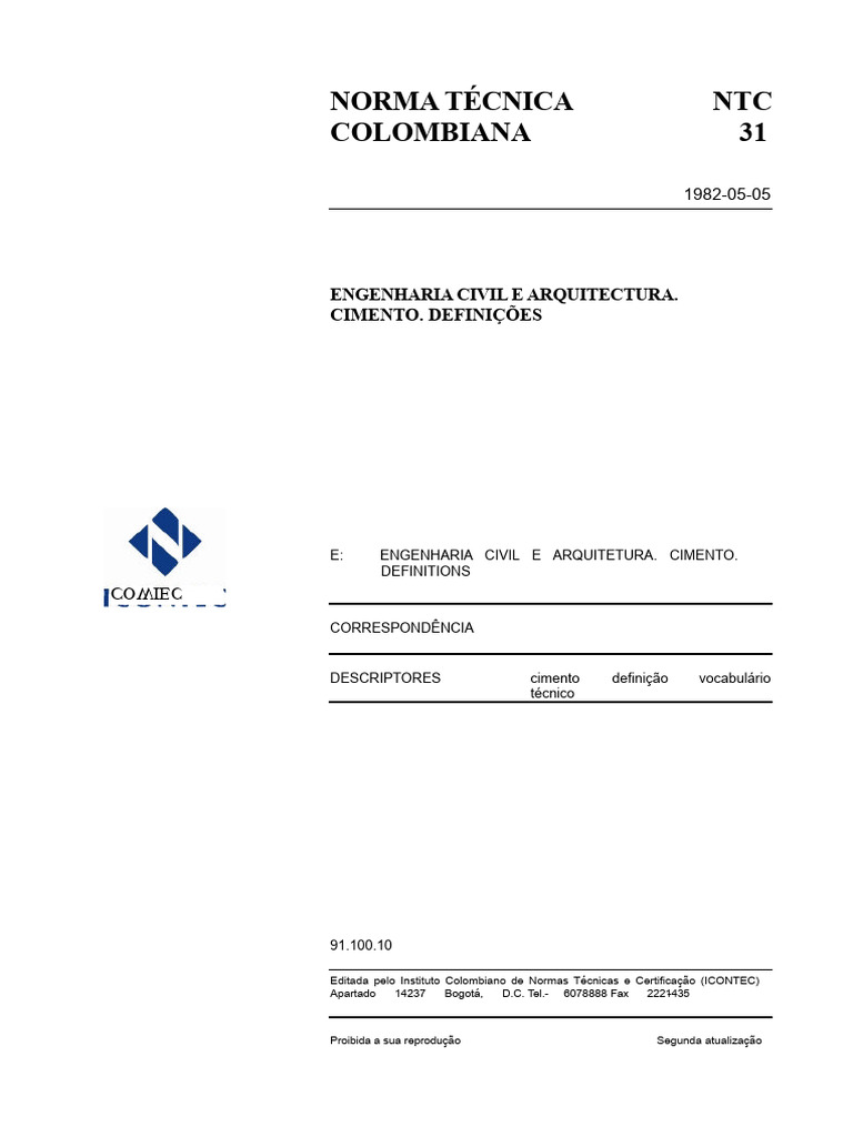 Definições Técnicas de Cimento NTC 31 | PDF | Cimento | Materiais