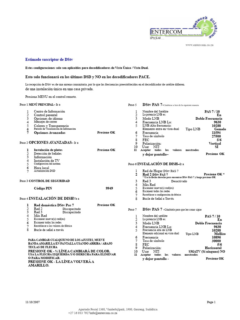 Configuración DStv PAS 7 para Decodificadores | PDF | Televisión via ...