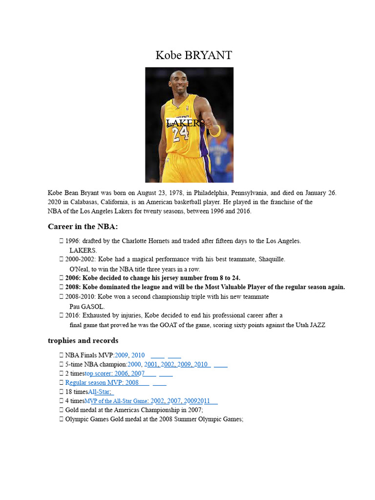 Kobe Bryant: NBA Legend and Legacy | PDF