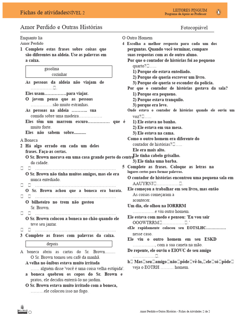Fichas de Atividades: Amor Perdido | PDF | Literatura oral | Amor