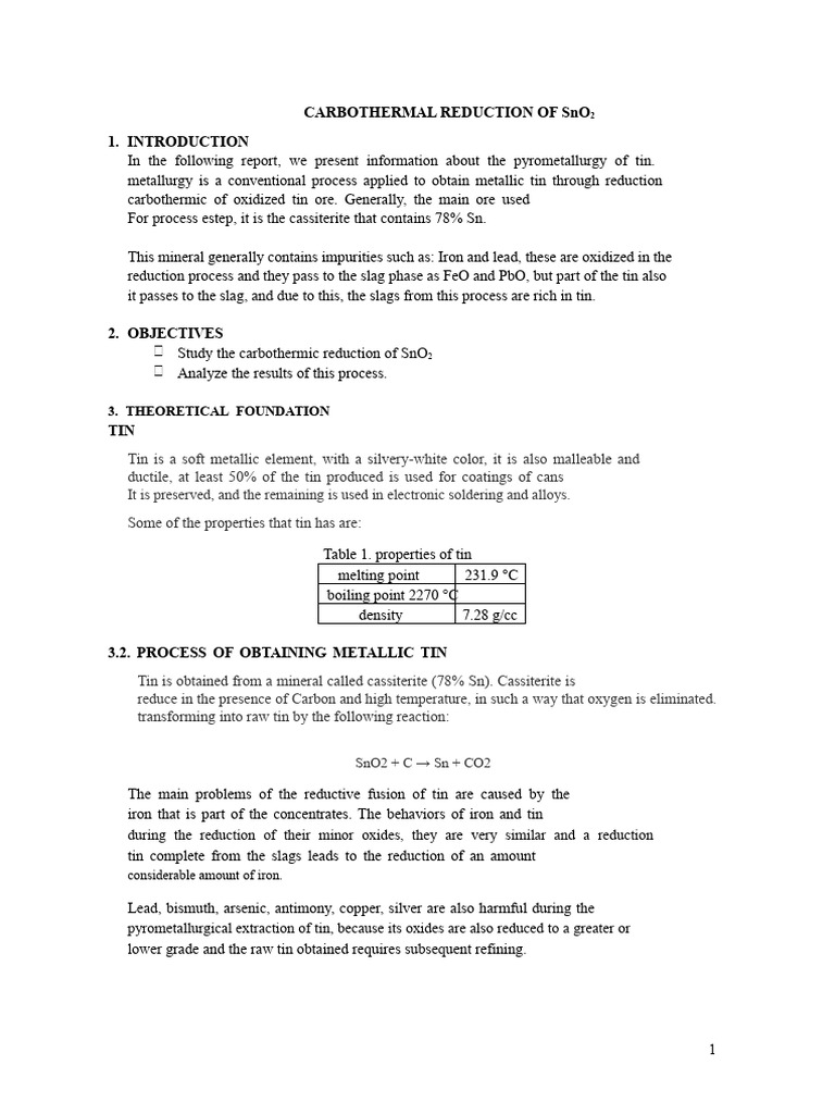 Carbothermic Reduction of SnO2 Explained | PDF | Tin | Redox