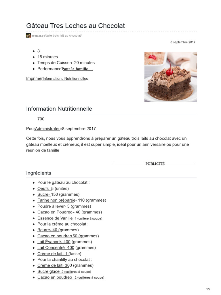 Gâteau Tres Leches au Chocolat Délicieux | PDF | Chocolat | Crème fouettée
