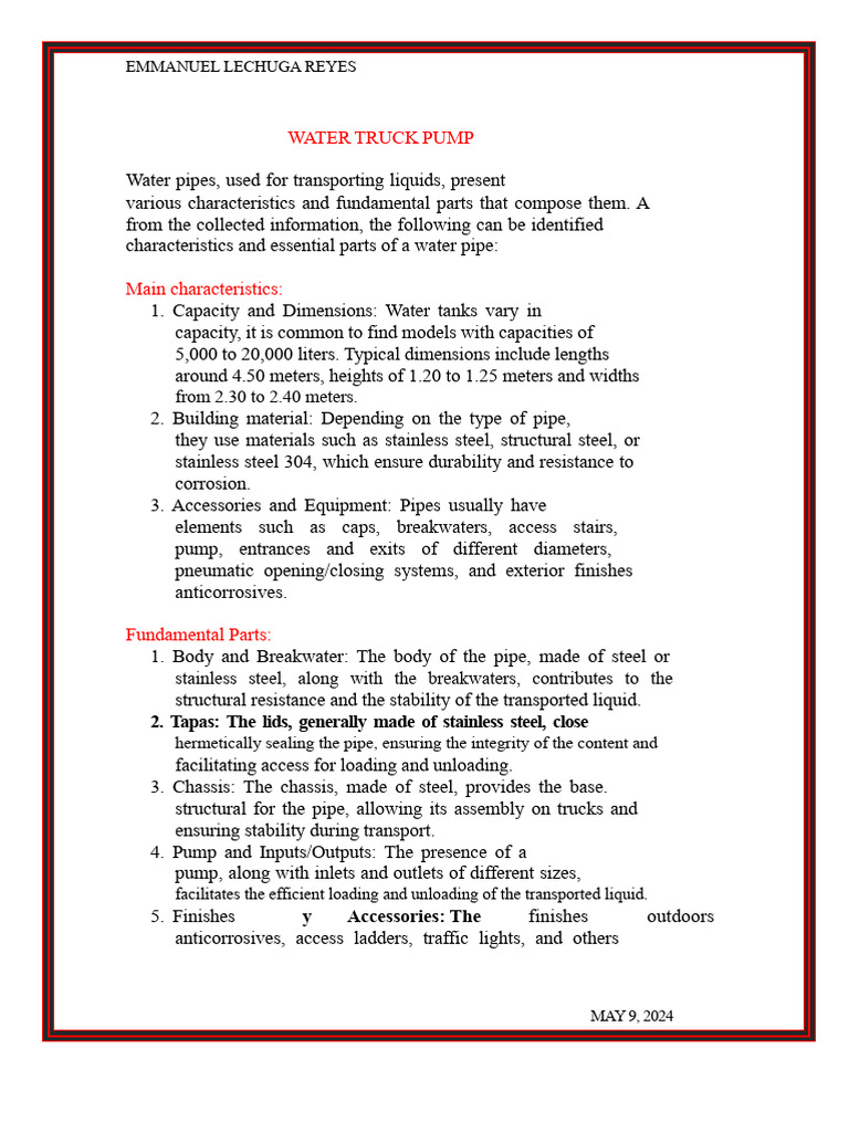 Water Truck Pump Components Guide | PDF | Pump | Pipe (Fluid Conveyance)
