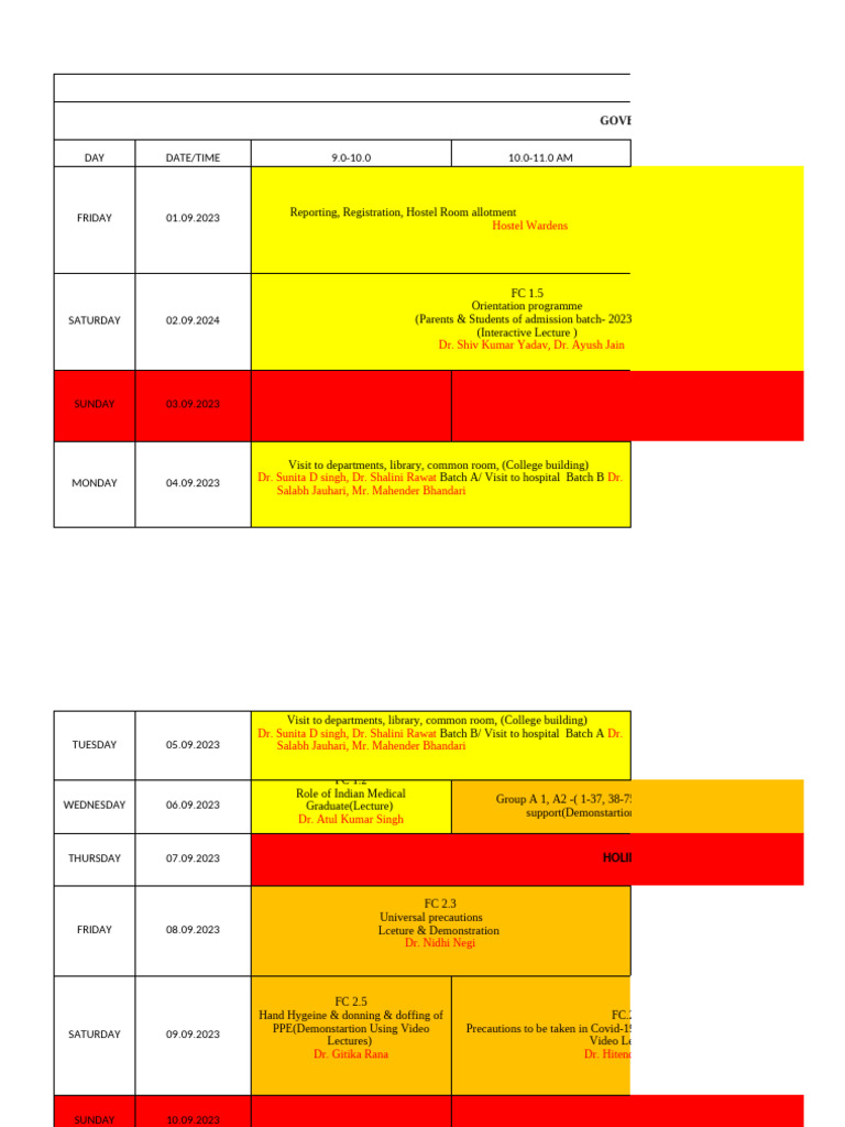 MBBS Foundation Courses Timetable 2023 | PDF | Health Care | Medicine