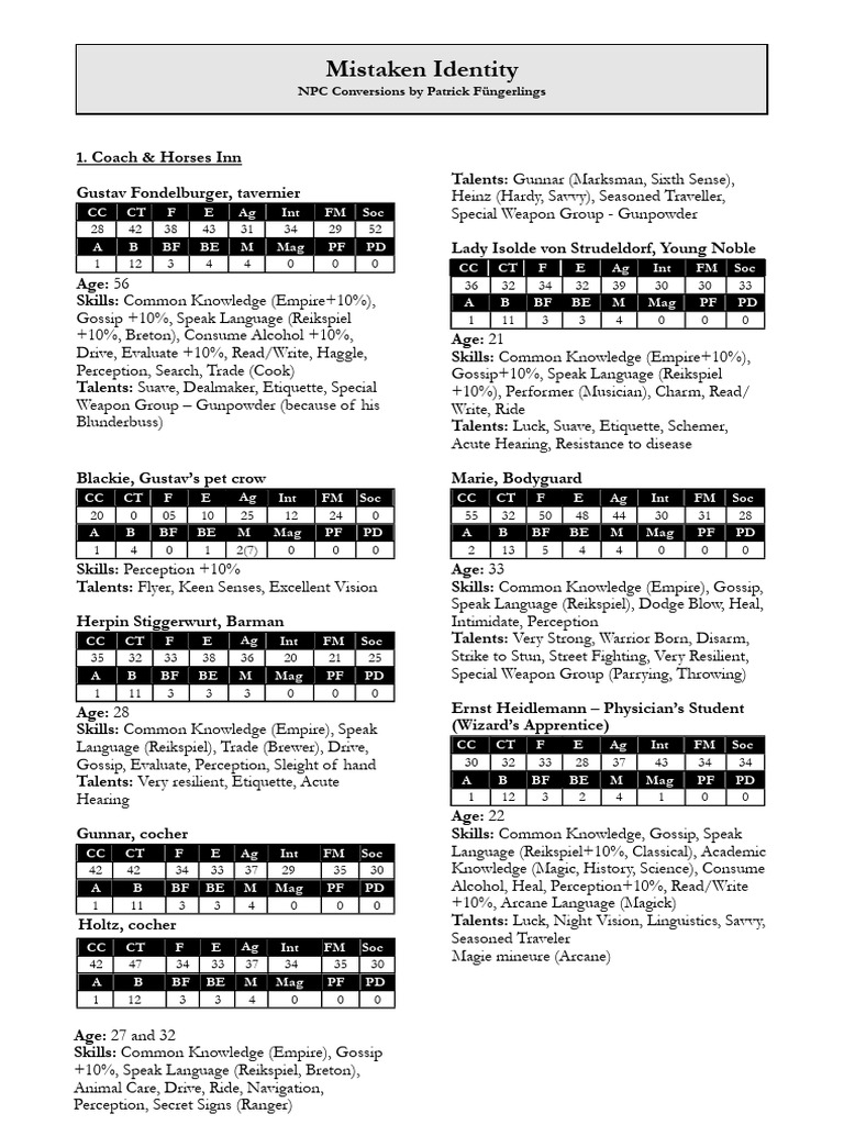 NPC Profiles for Warhammer RPG | PDF