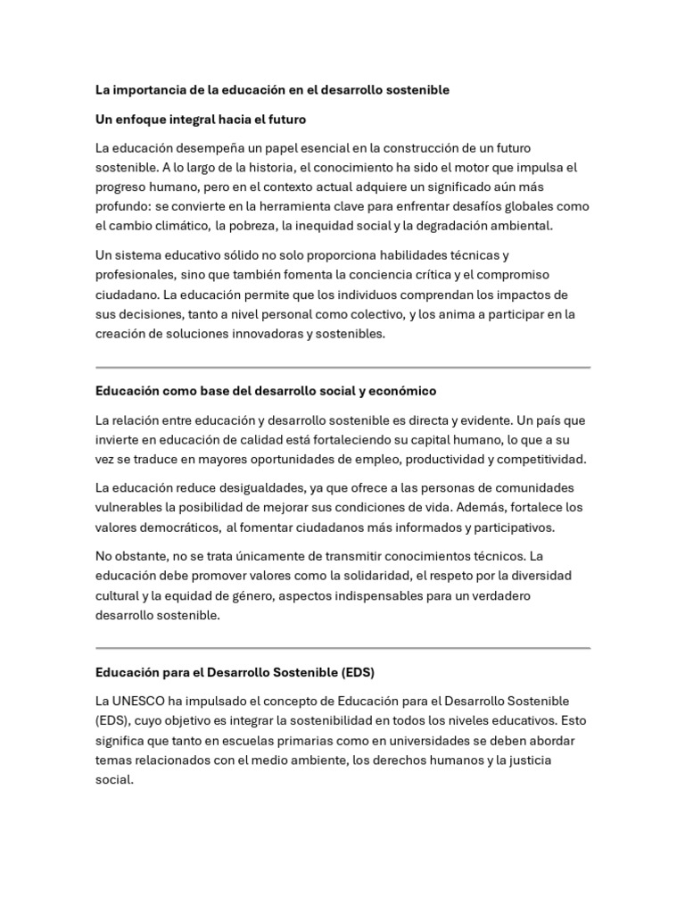 La Importancia de La Educación en El Desarrollo Sostenible | PDF ...