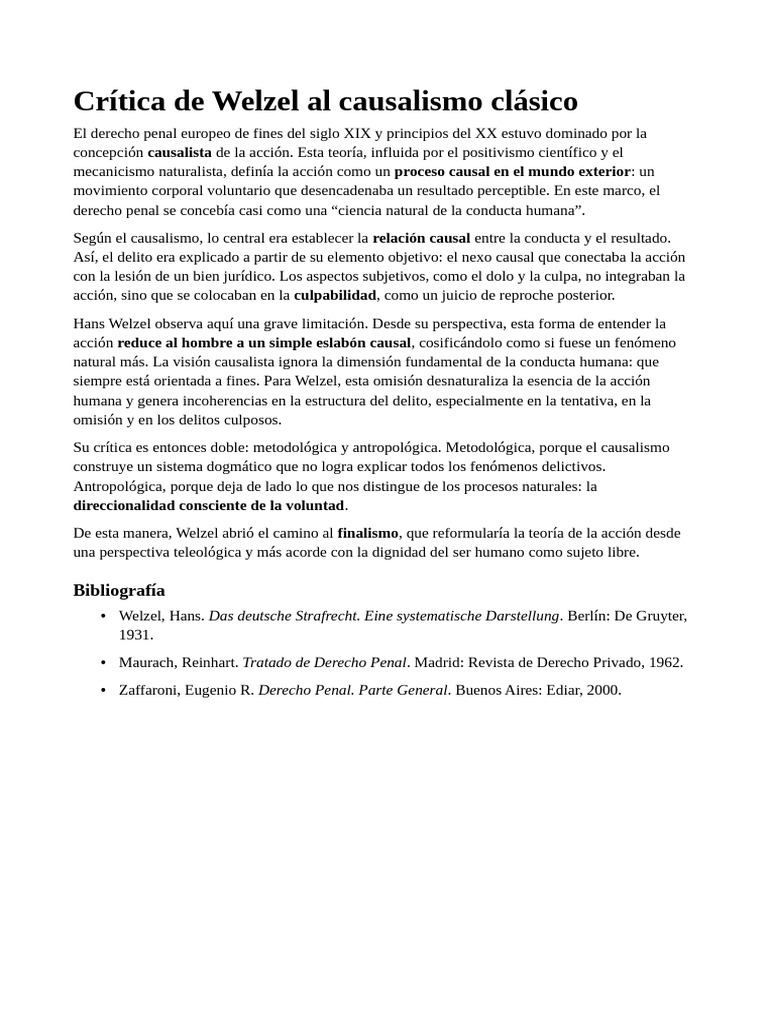 Crítica de Welzel al causalismo penal | PDF