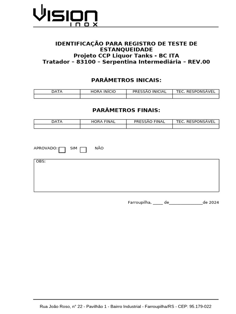 Registro de Teste de Estanqueidade 83100 | PDF
