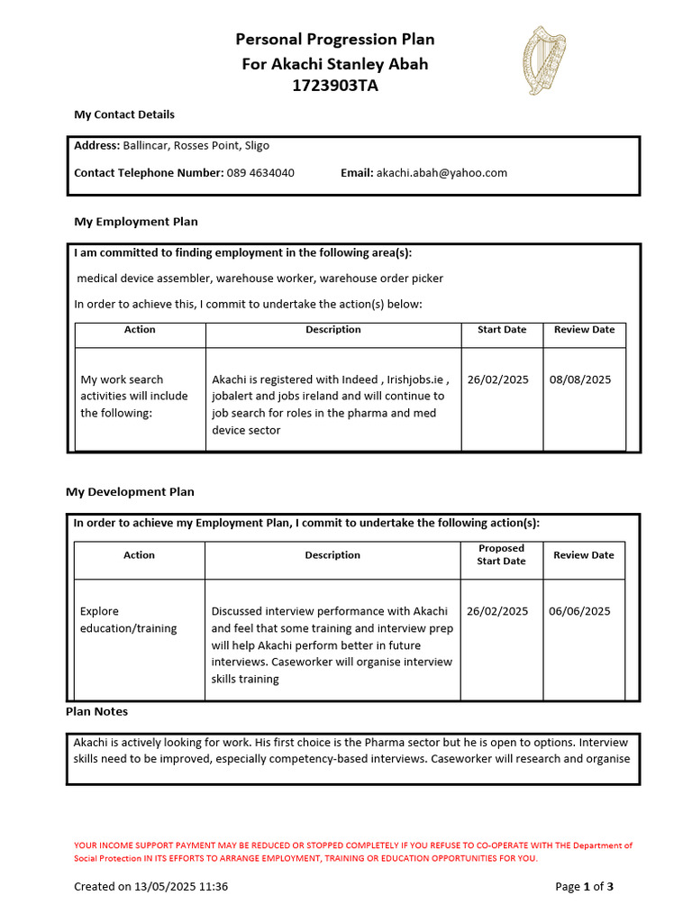 Personal Progression Plan for Employment | PDF