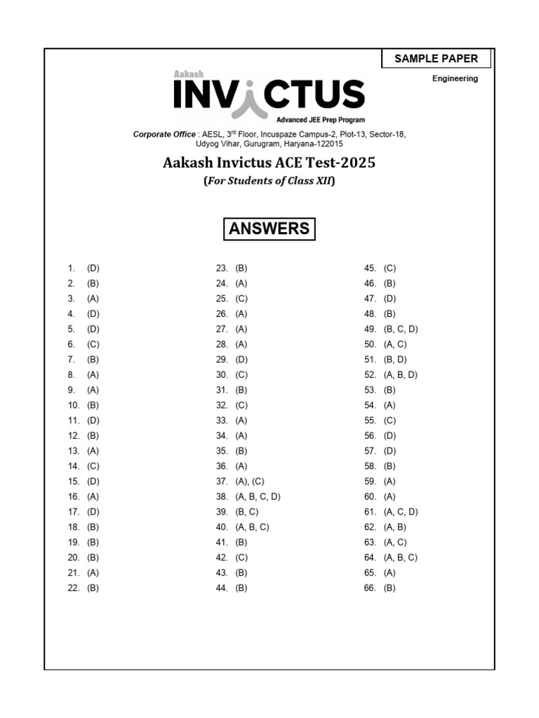 Aakash Invictus ACE Test 2025 Answers | PDF