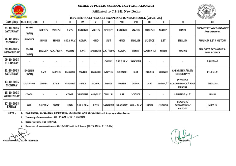 Revised Half Yearly Exam Schedule 2025 | PDF