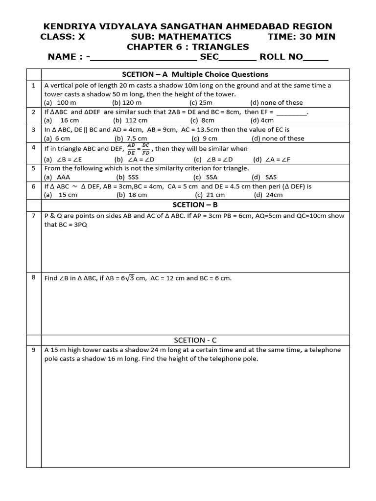 Class X Mathematics: Triangles MCQs | PDF | Geometric Shapes ...