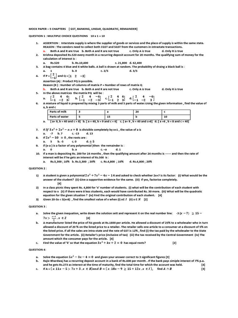 Mock Paper: GST, Banking & Math Concepts | PDF | Matrix (Mathematics ...