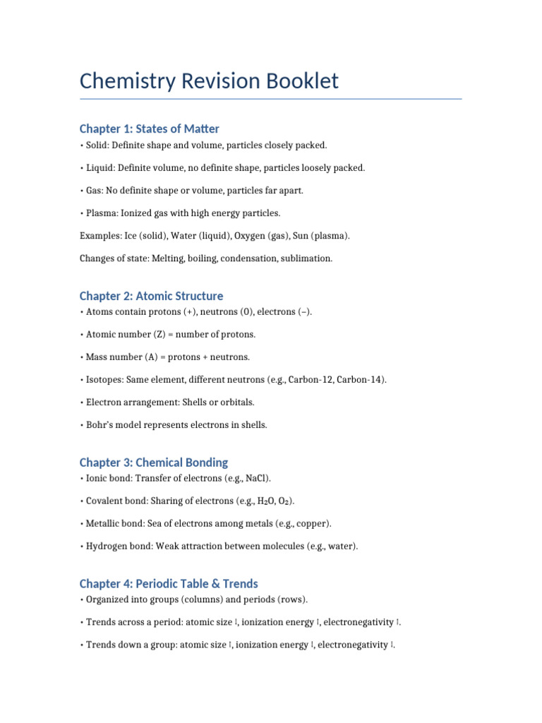 Comprehensive Chemistry Revision Guide | PDF | Chemical Bond | Redox