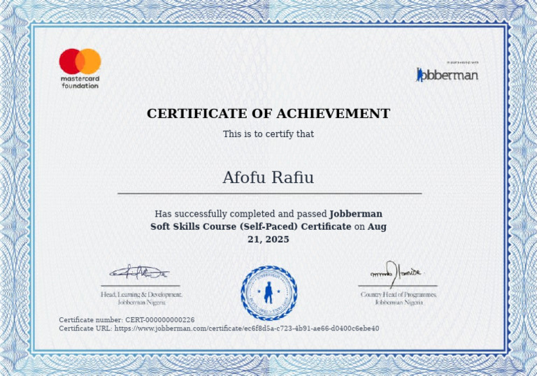 Afofu Rafiu Certificate Ec6f8d5a c723 4b91 Ae66 D0400c6ebe40 | PDF
