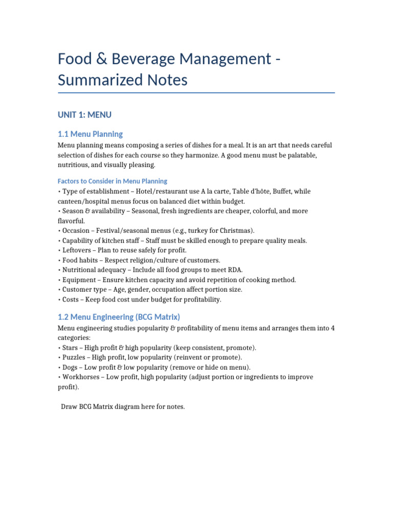 Menu Planning and Engineering Guide | PDF