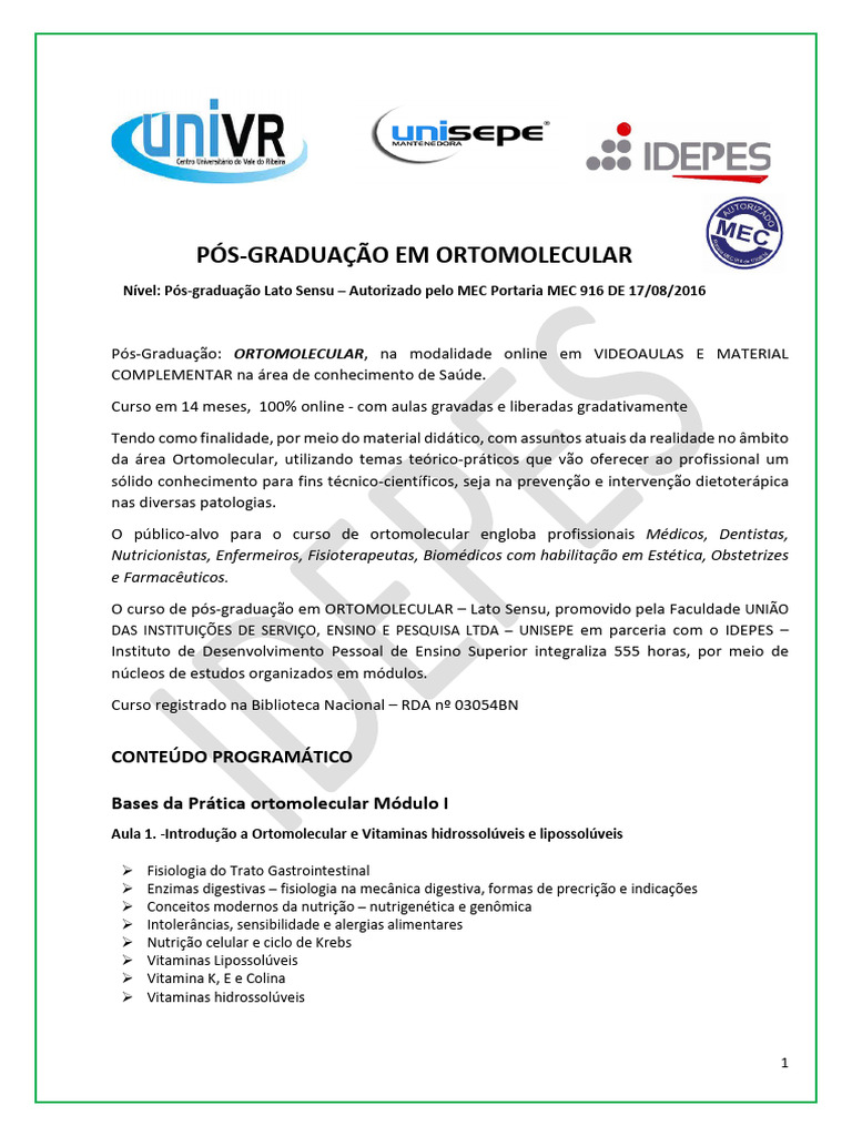 Pós-Graduação em Ortomolecular Online | PDF | Pós-graduação | Plantas ...