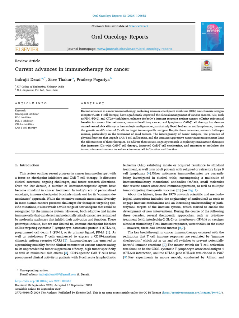 Current Advances in Immunotherapy For Cancer 2024 Oral Oncology Reports ...
