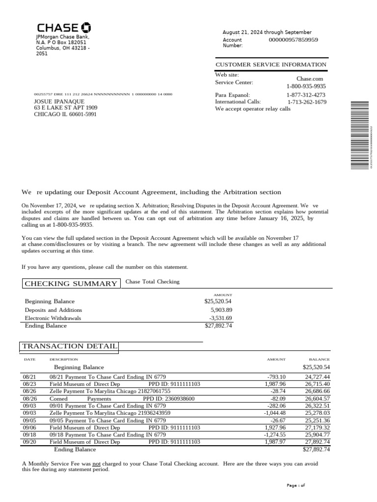 Chase Total Checking Statement Summary | PDF | Arbitration | Payments
